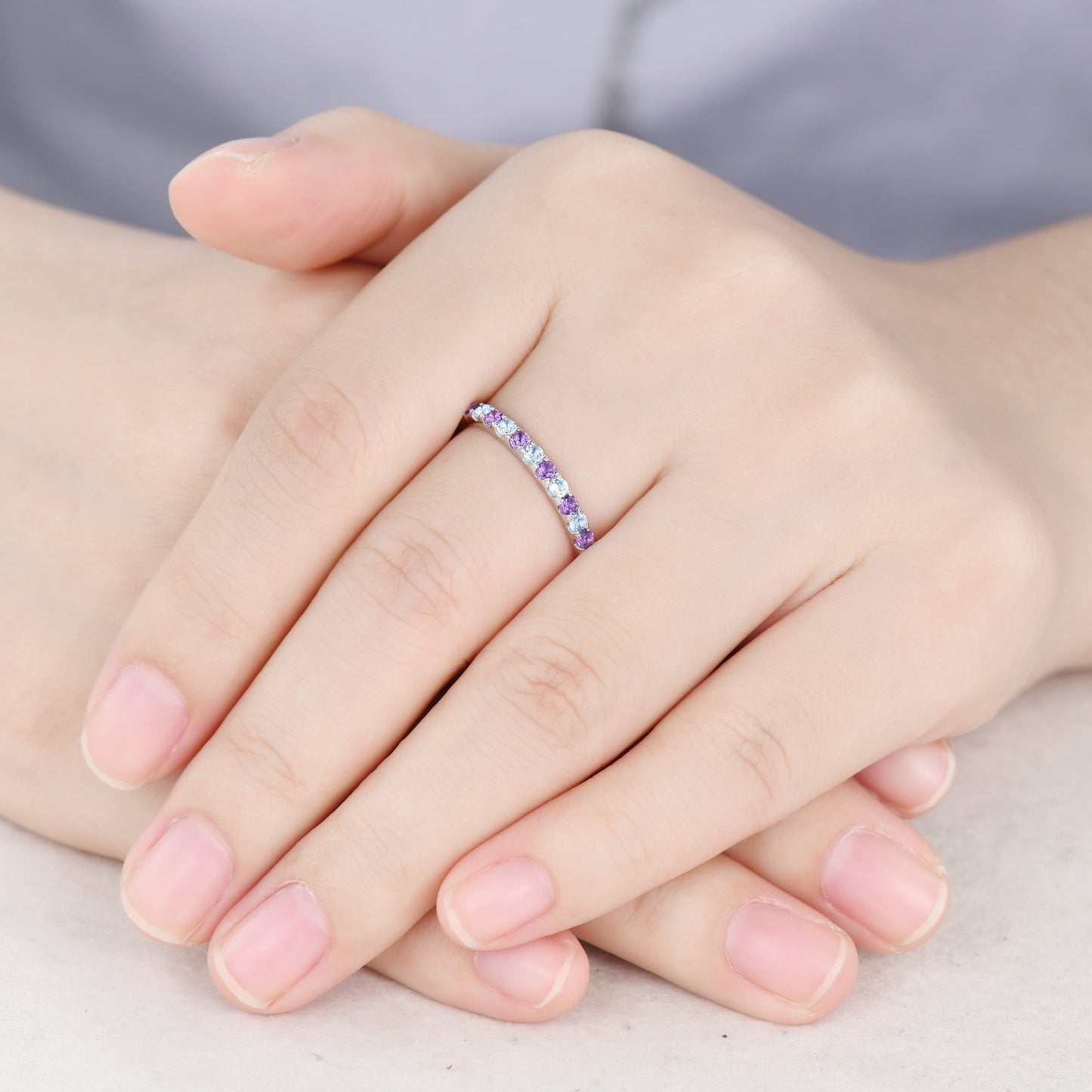 2mm Amethyst and Blue Topaz Wedding Ring 14K White Gold Birthstone Eternity Band