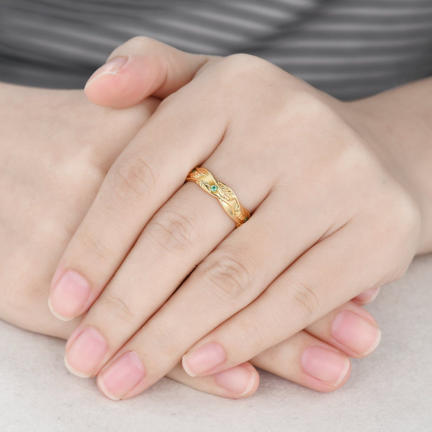 5mm Nature Inspired Men's Wedding Band Emerald Branch Vine Retro Vintage Ring