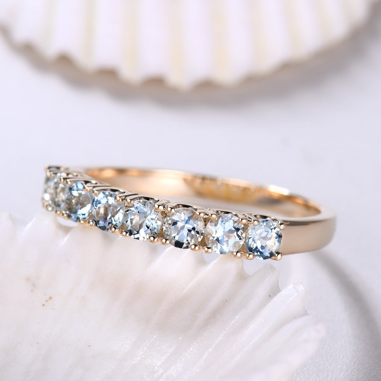 3mm Round Cut Blue Topaz Wedding Band 14K Yellow Gold Eternity Wedding Ring