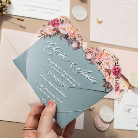 Romantic Blush And Pink Rose Floral Heart Shaped Acrylic Wedding Invitations Cards CAY001