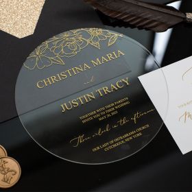 Modern Gold Printing Circular Floral Round Shaped Acrylic Wedding Invitations CAY007