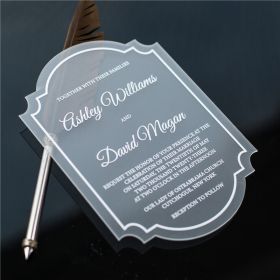 Modern White Border Calligraphy Frame Shaped Frosted Acrylic Wedding Invitations CAY009