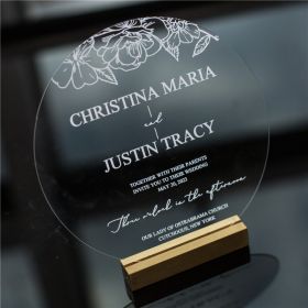 Modern White Circular Floral Geometric Shaped Round Acrylic Wedding Invites CAY006