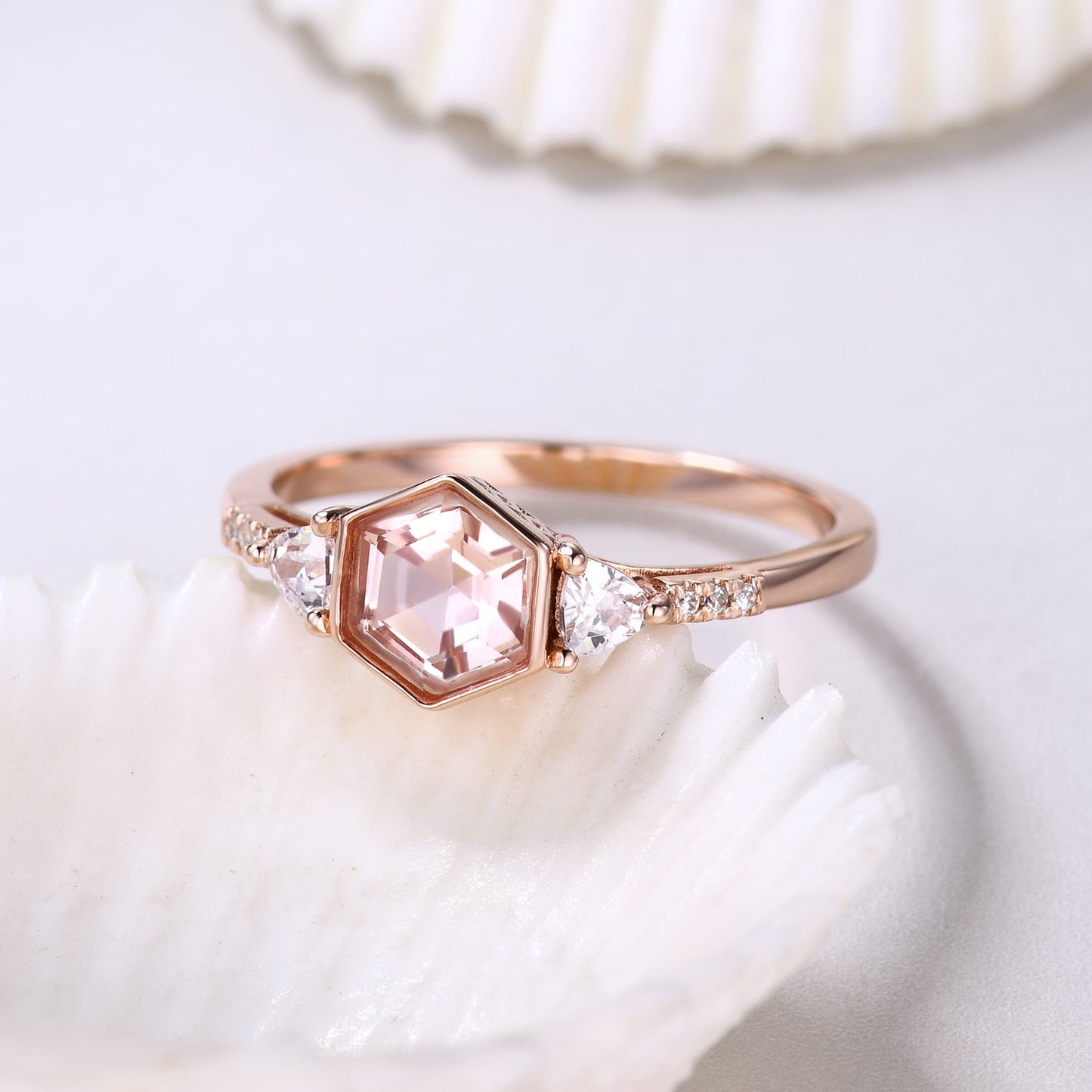 1 carat Hexagan Morganite and Trillian Morganite engagment Ring Unique Design