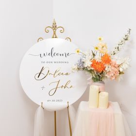Simple Round White Acrylic Wedding Welcome Sign with Exquisite Gold Acrylic Names CS081