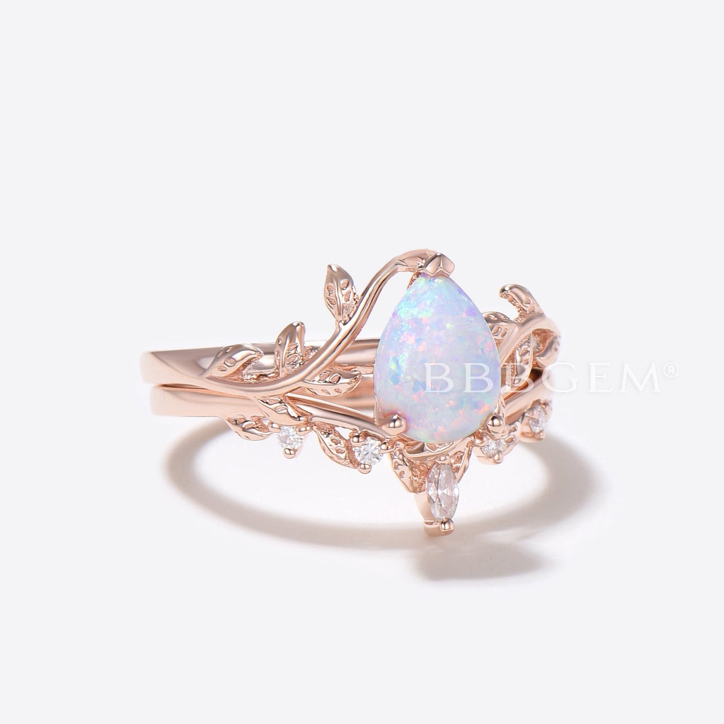 1.25ct Pear Shaped White Opal Diamond Twig Leaf Vine Engagement Ring Set