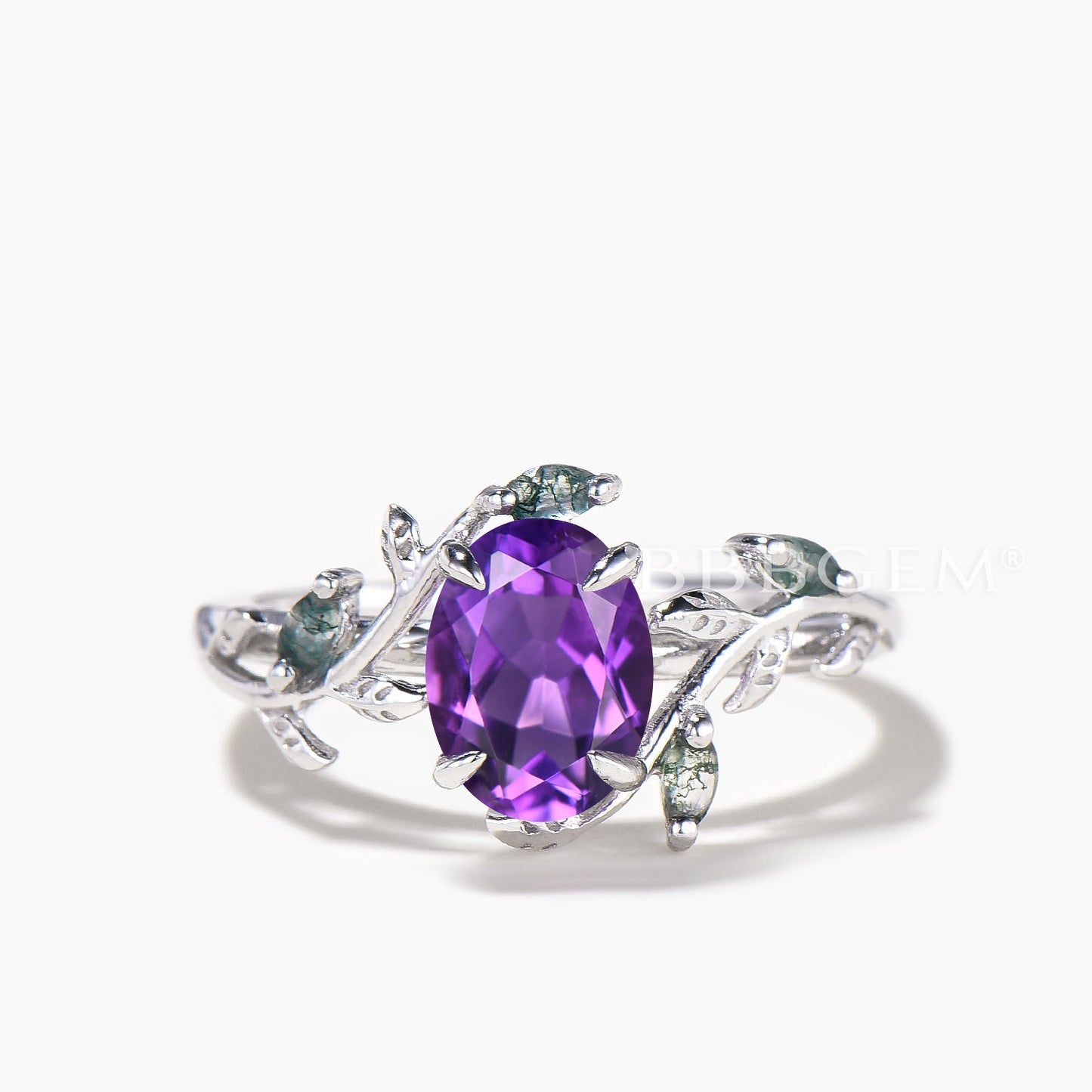 1.5CT Oval Cut Natural Amethyst Engagement Ring Moss Agate Leaf Bridal Set