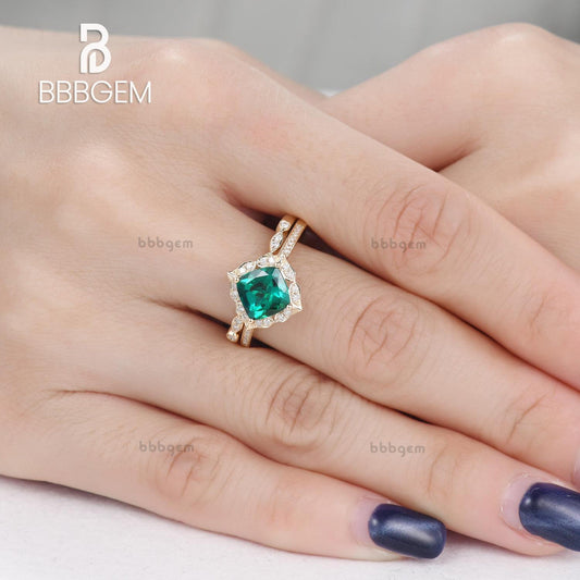 1.4 Carat Cushion Emerald Wedding Set Diamond Bridal Ring 14k Yellow Gold Retro Vintage Eternity Band