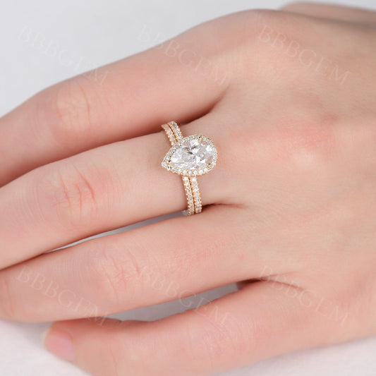 1.5 Carat Pear Shaped Moissanite Engagement Ring Set Diamond Matching Band 14k Rose Gold Halo Stacking Thin