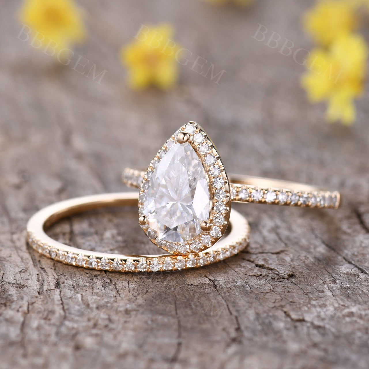 1.5 Carat Pear Shaped Moissanite Engagement Ring Set Diamond Matching Band 14k Rose Gold Halo Stacking Thin