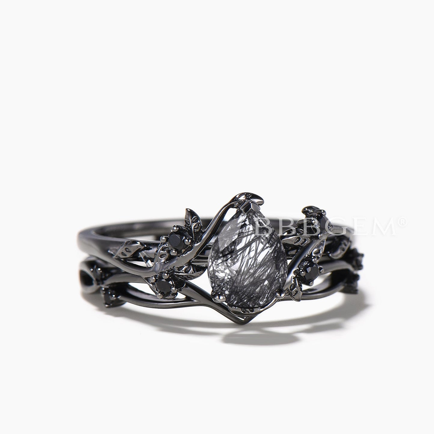 1.25ct Pear Cut Natural Black Rutilated Quartz Nature Inspired Black Gold Ring Women