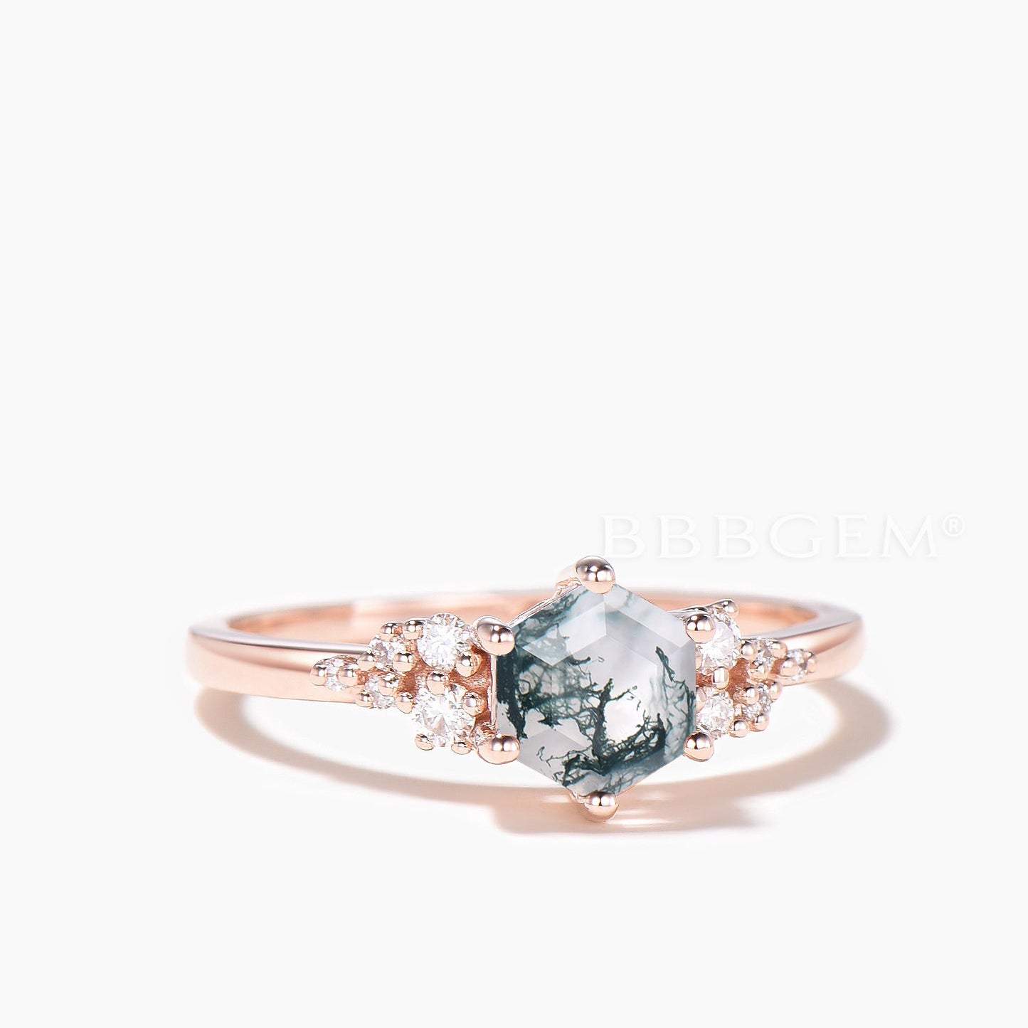 Diamond Cluster Rose Gold Ring Hexagon Cut Natural Moss Agate Engagement Ring