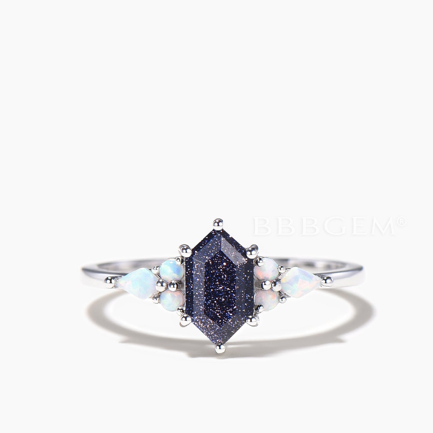 Hexagon Cut Blue Sandstone Wedding Ring White Opal Black Spinel Bridal Set