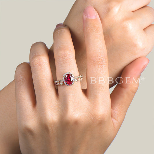 Diamond Halo Bridal Set 1.5CT Oval Cut Ruby Engagement Ring Half Eternity Band