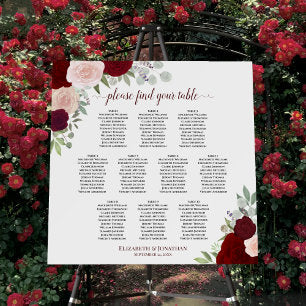 10 Table Red & Pink Floral Wedding Seating Chart Foam Board