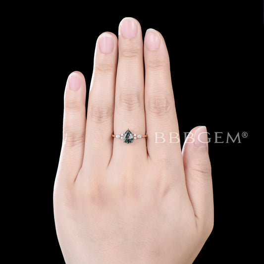 14k Rose Gold Teardrop Moss Agate Engagament Ring Seven Stone Diamond Ring