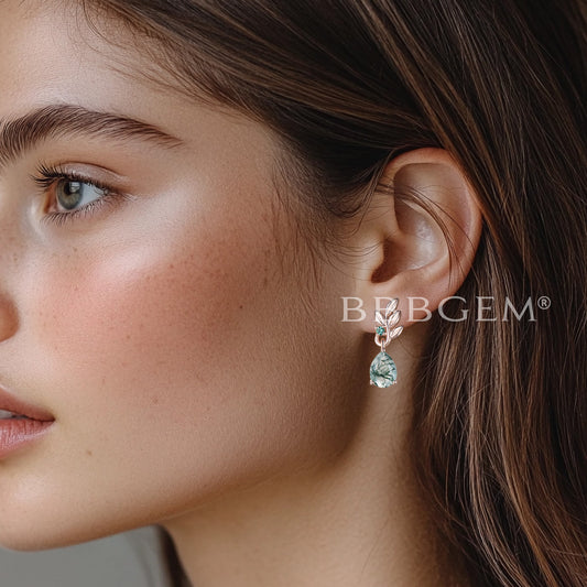 1.25CT Pear Cut Moss Agate Drop Earrings Emerald Leaf Nature Inspired Earrings