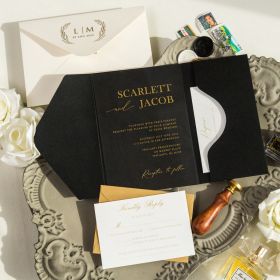 Simple Modern Gold Acrylic Wedding Invitations With Black Tri-fold Pocket CAPL008