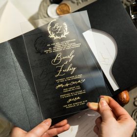 Monogram Gold Acrylic Wedding Invitations With Black Tri-fold Pocket CAPL007