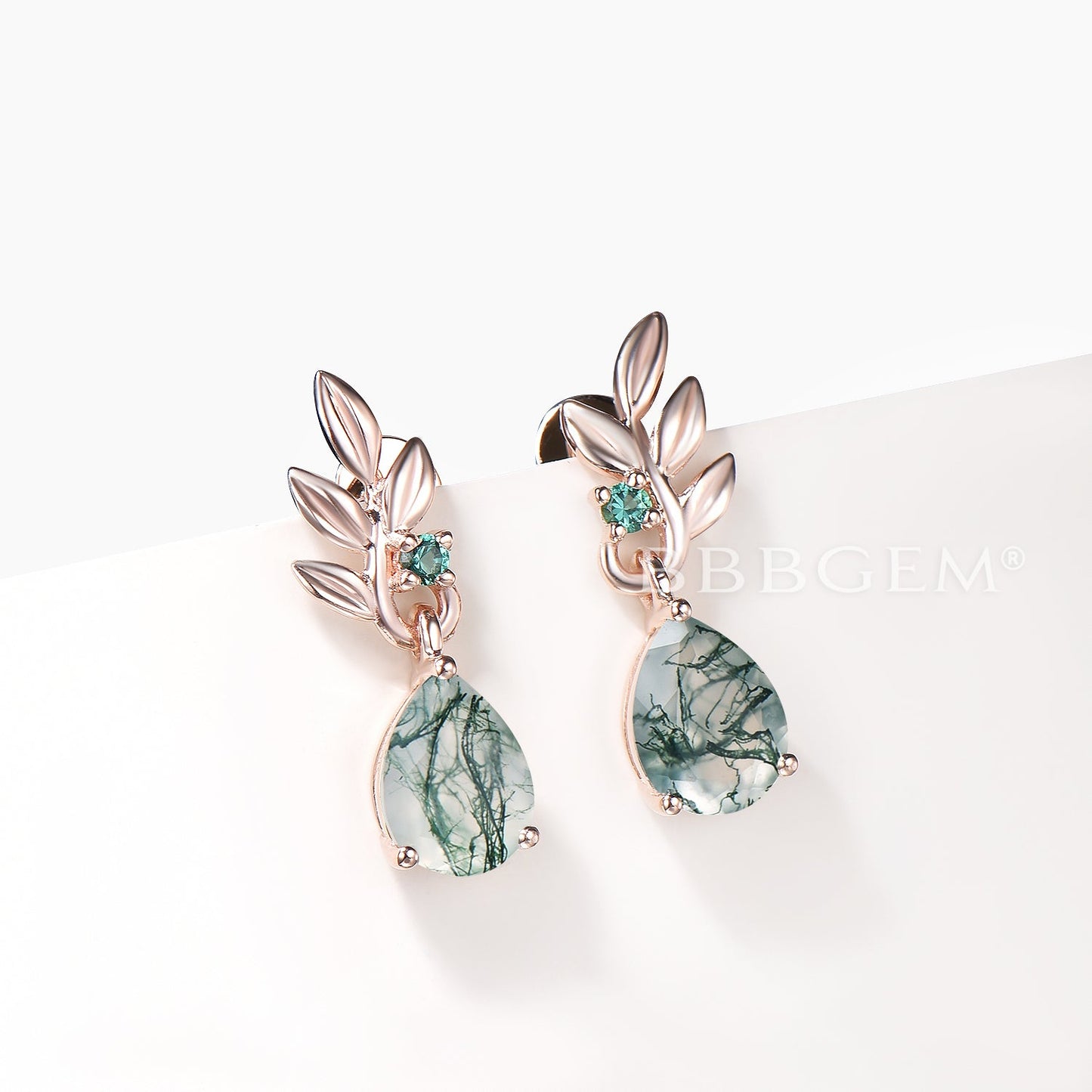 1.25CT Pear Cut Moss Agate Drop Earrings Emerald Leaf Nature Inspired Earrings