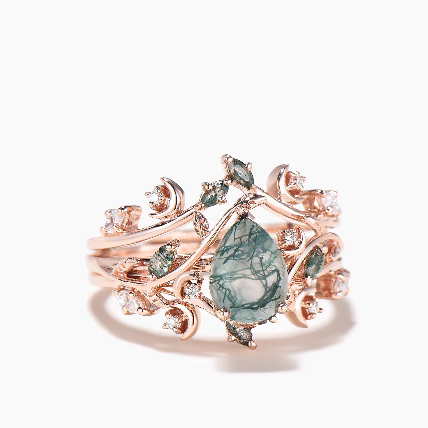 1.25ct Pear Cut Moss Agate Diamond Enhancer Wedding Ring Nature Inspired Bridal Set