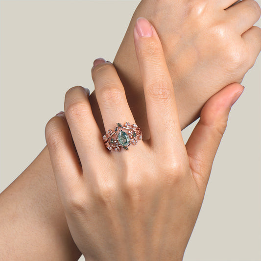 1.25ct Pear Cut Moss Agate Diamond Enhancer Wedding Ring Nature Inspired Bridal Set