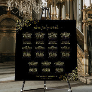 11 Table Ornate Gold & Black Wedding Seating Chart Foam Board