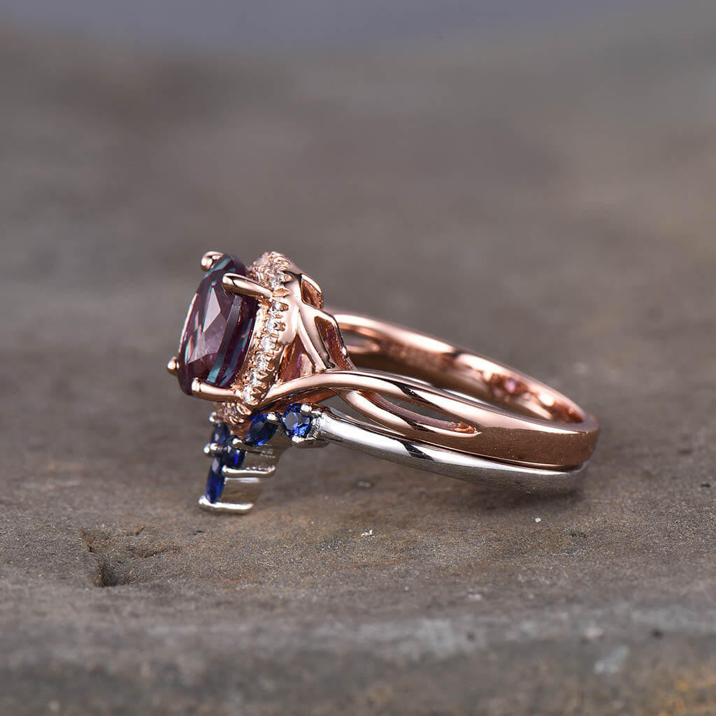 Infinity Alexandrite Engagement Ring Set lab Sapphire Curved Matching Band 2pcs