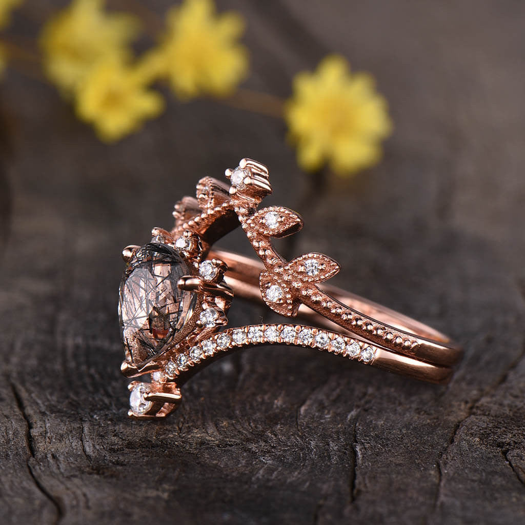 14K/18K Milgrain Filigree Pear Black Rutilated Quartz Diamond Engagement Rings Set Shaped Band