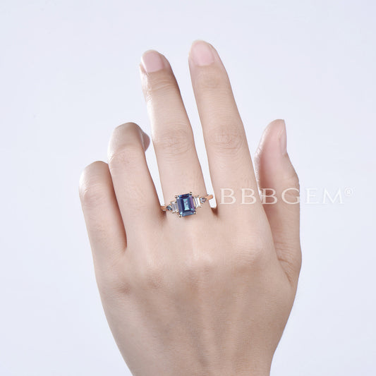 2CT Emerald Cut Color-change Alexandrite Mixed Cut Engagement Ring