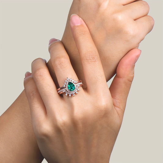 3pcs Pear Shaped Lab Emerald Engagement Ring Set Boulder Statement Ring