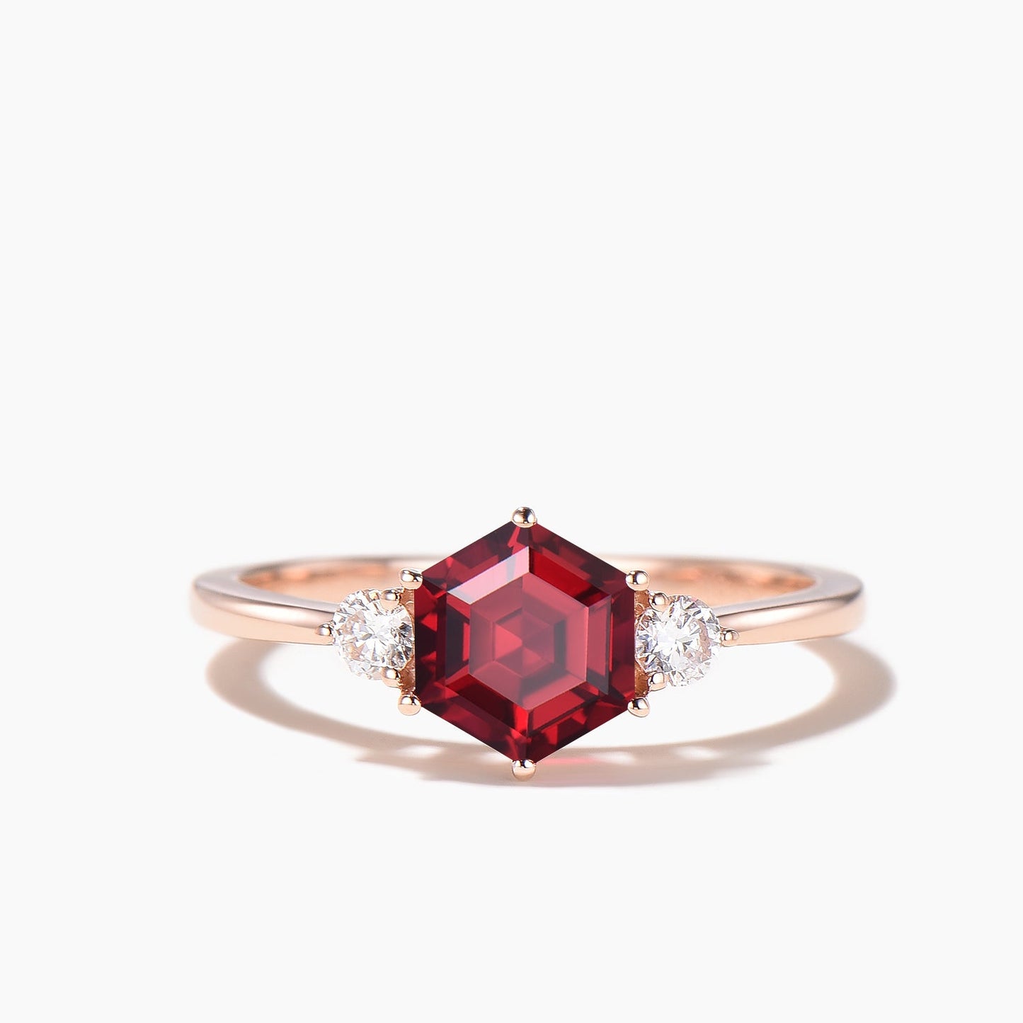 Hexagon Cut Red Ruby Three Stone Engagement Ring Moissanite Bridal Set