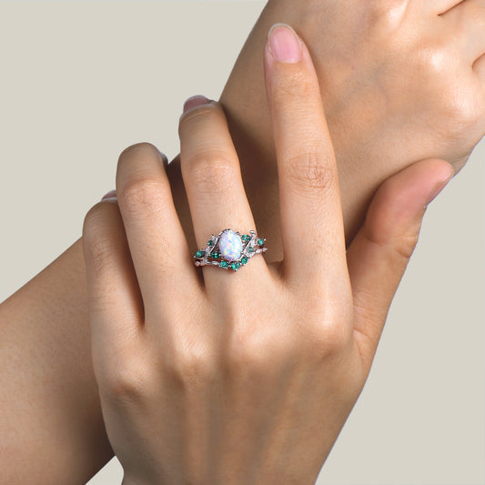 1.5CT Oval White Opal Leaf Engagement Ring Emerald Nature Inspired Bridal Set