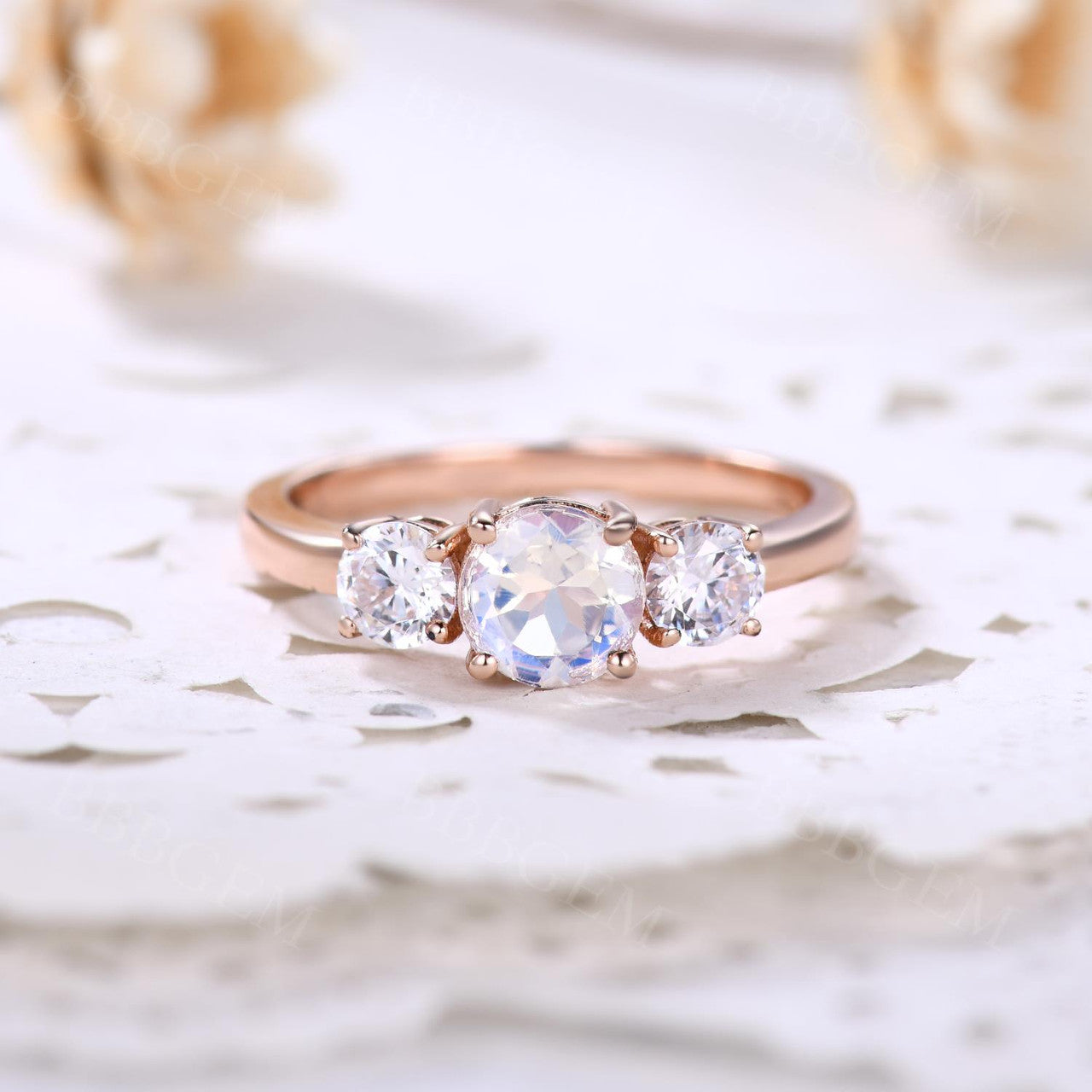 14K/18K Gold Moonstone And Moissanite Engagement Ring Three Stone