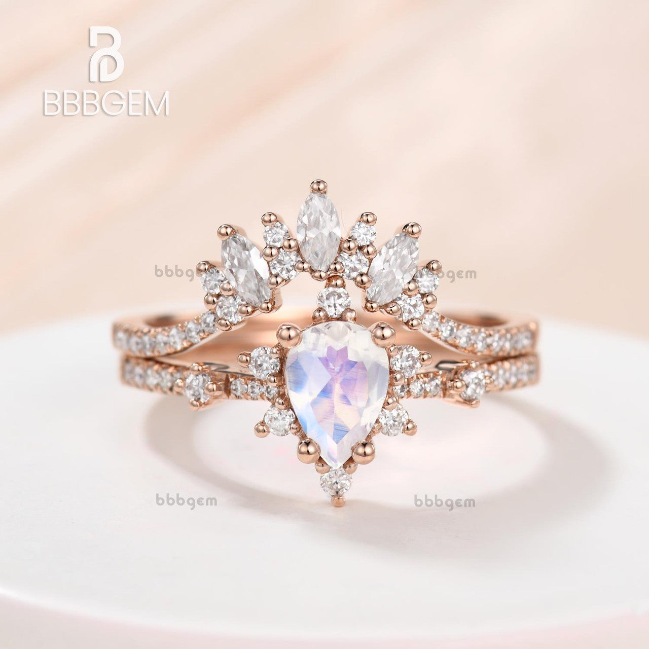 14K/18K Gold Pear Shaped Moonstone Diamond Art Deco Engagement Ring Set