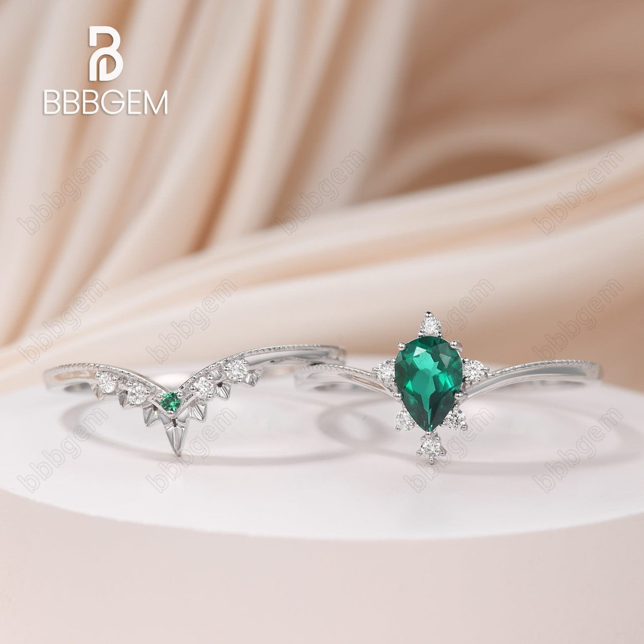 14K/18K Rose Gold Green Emerald Art Deco Bridal Set Moissanite Diamond And Emerald