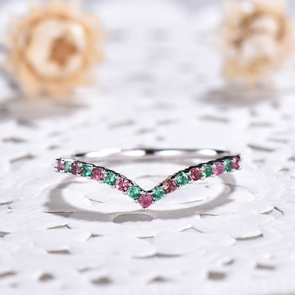 14K /18K Custom Pink Tourmaline And Emerald White Gold Curved Wedding band