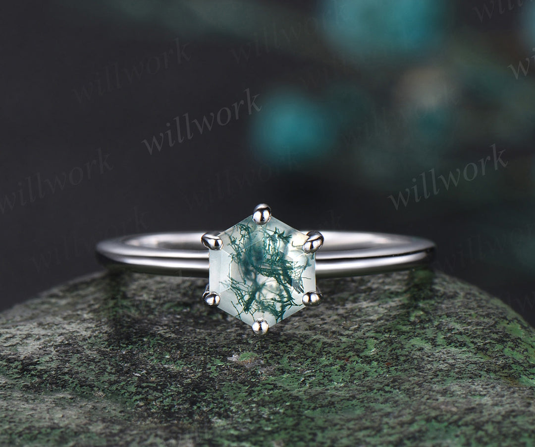 Hexagon Cut Natural Moss Agate Solitaire Engagement Ring Women 6 Prong Minimalist Solid 14k 18k Wedding Ring Gift