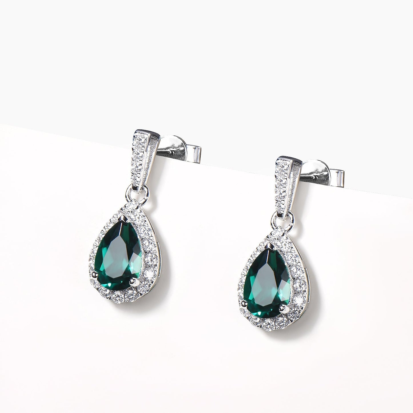 1.25CT Teardrop Cut Emerald Drop Earrings Diamond Halo White Gold Earrings