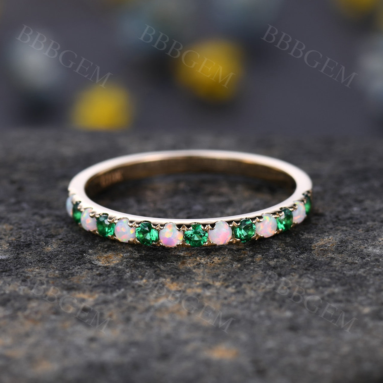14k Rose Gold Opal & Emerald Ring Emerald Half Eternity Band Dainty Opal Ring