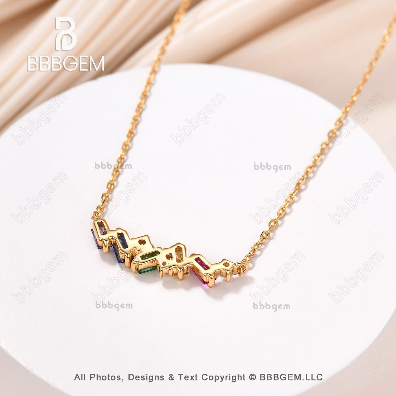 14k Yellow Gold Baguette Cut Rainbow Sapphire Citrine Amethyst Colorful Pendant Necklace Scatter Bar Fashion Necklace