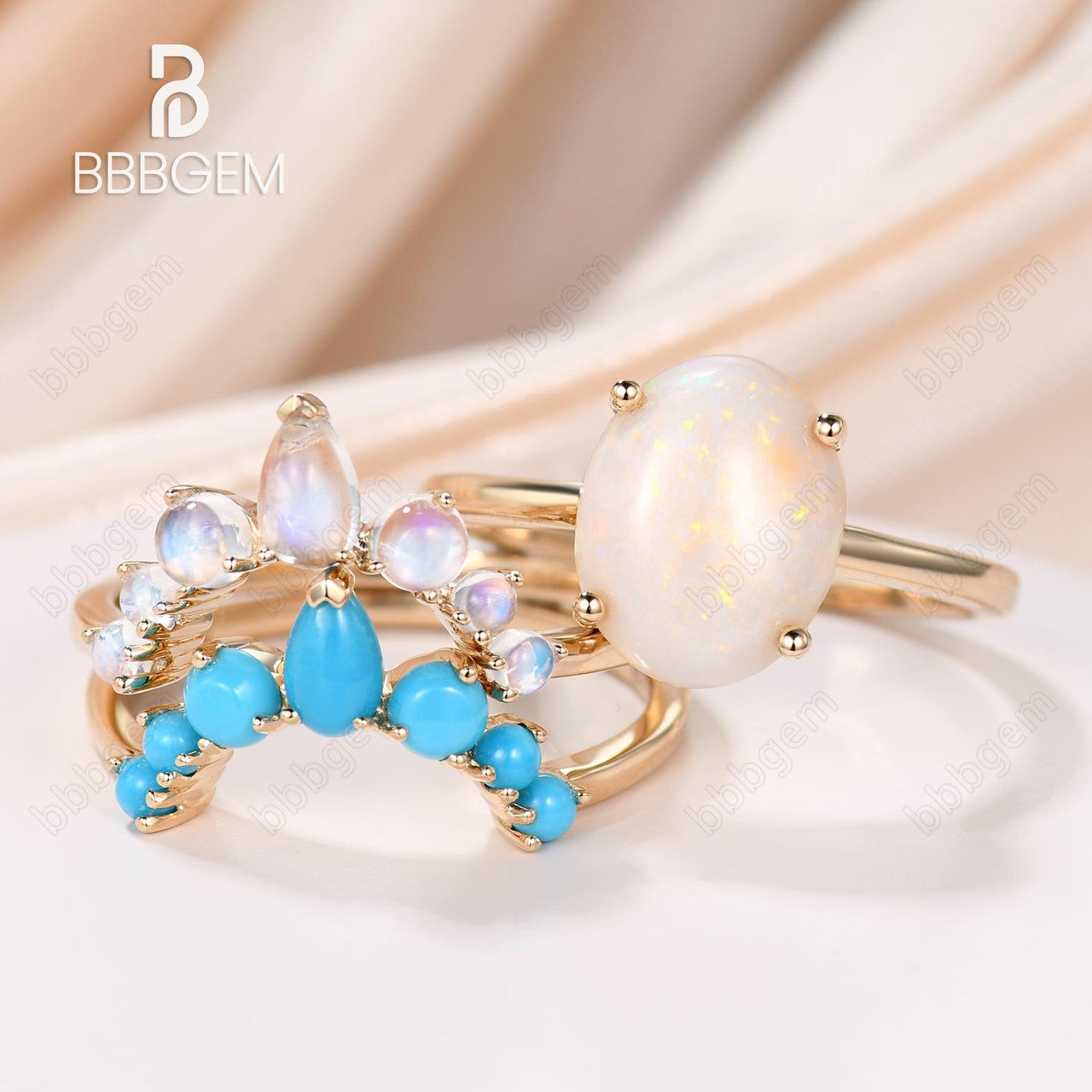3pcs Vintage Opal Engagement Ring Bridal Set with Moonstone And Turquoise Matching Band