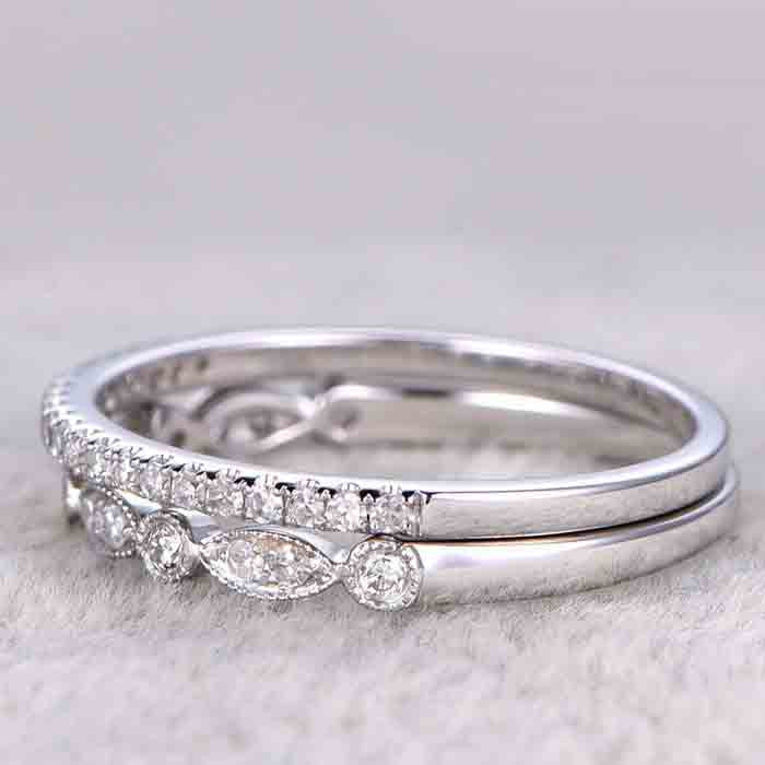 2pcs Diamond matching band in 14k rose gold/Milgrain wedding ring/Art deco marquise/Half eteniry ring/Milgrain edge anniversay ring/Pave set