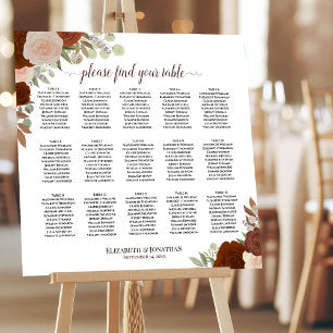 15 Table Rust Boho Floral Wedding Seating Chart Foam Board