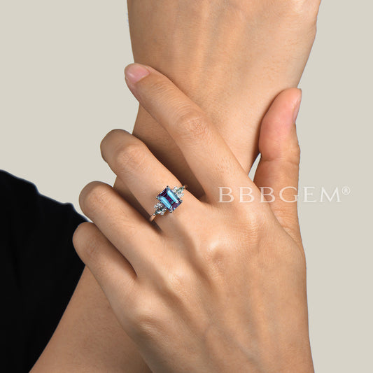 2ct Emerald Cut Color-change Alexandrite Engagement Ring Diamond Cluster Ring