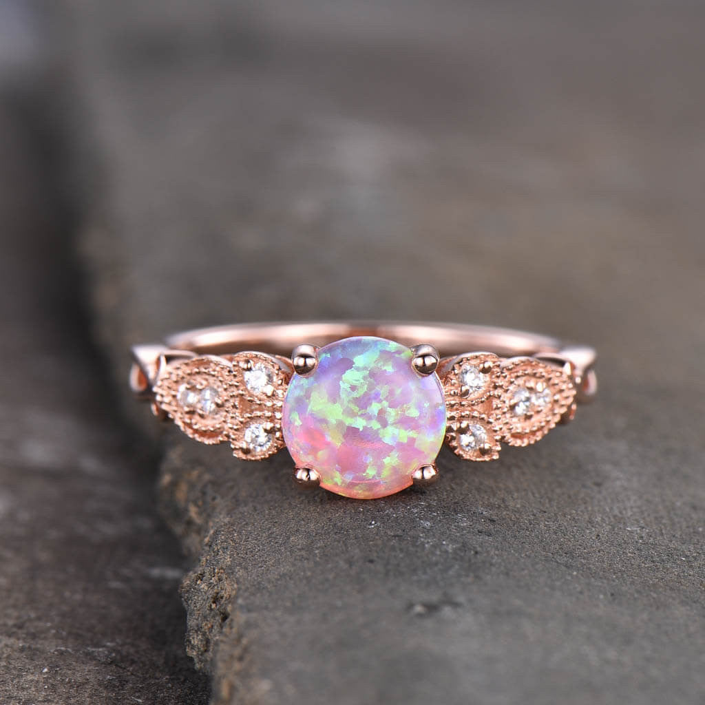 Floral Pink Fire Milgrain Opal Engagement Ring 14k/18k Rose Gold