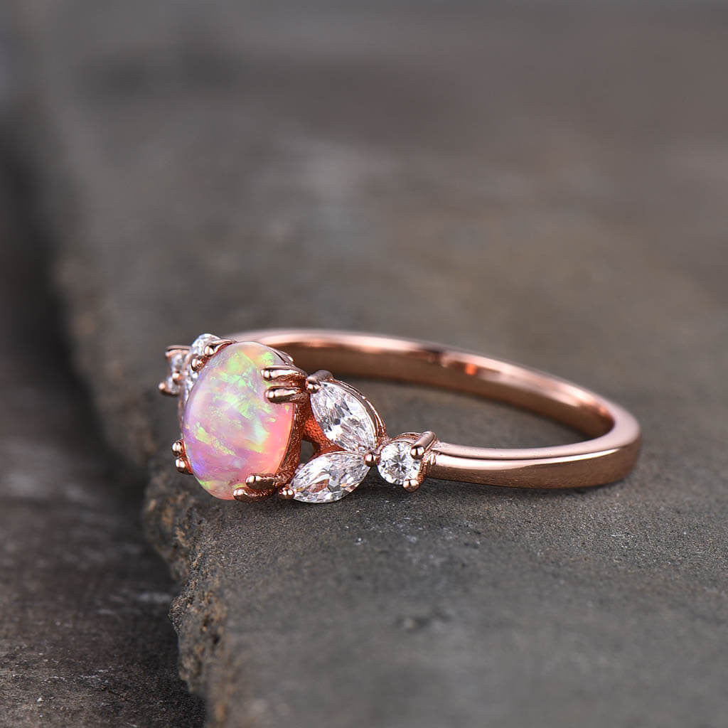 Lab Pink Solitaire Opal Marquise Moissanite Engagement Ring Rose Gold