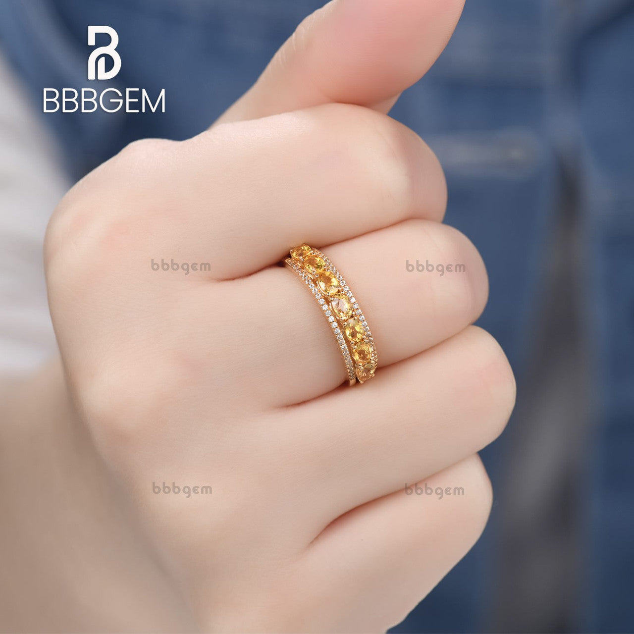 18K Rose Gold Triple Row Oval Fancy Yellow Sapphire Anniversary Band with White Diamonds