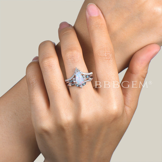3pcs Coffin Cut White Opal Bridal Set Diamond Alexandrite Cluster Engagement Ring