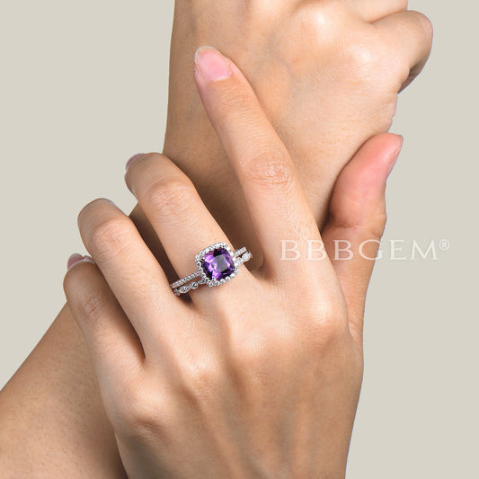 2pcs 8mm Cushion Amethyst Halo Engagement Ring Diamond Milgrain Bridal Ring
